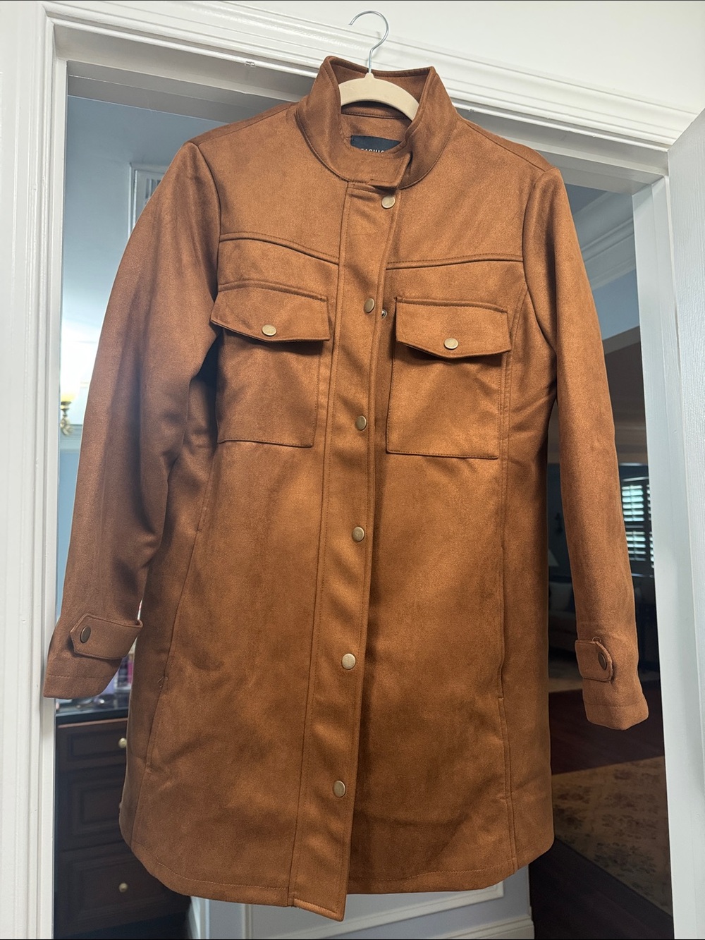 Women's Brown Suede Utility Coat with Snap Front - Picture 3 of 4